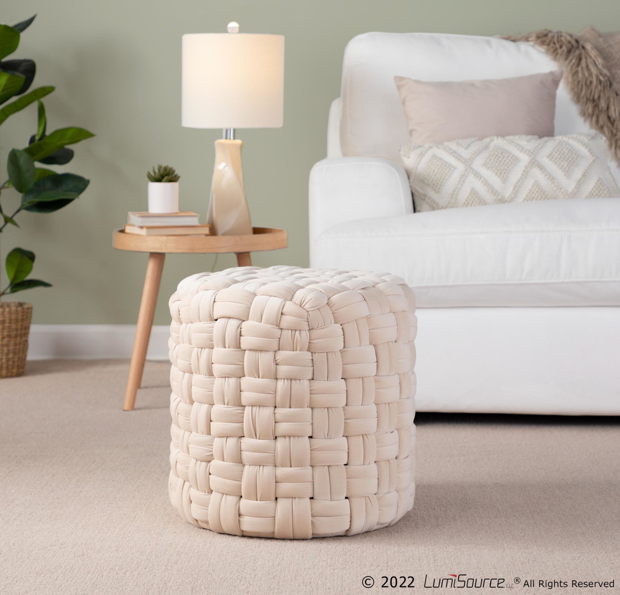 Braided Round 16" Ottoman - Cream Velvet