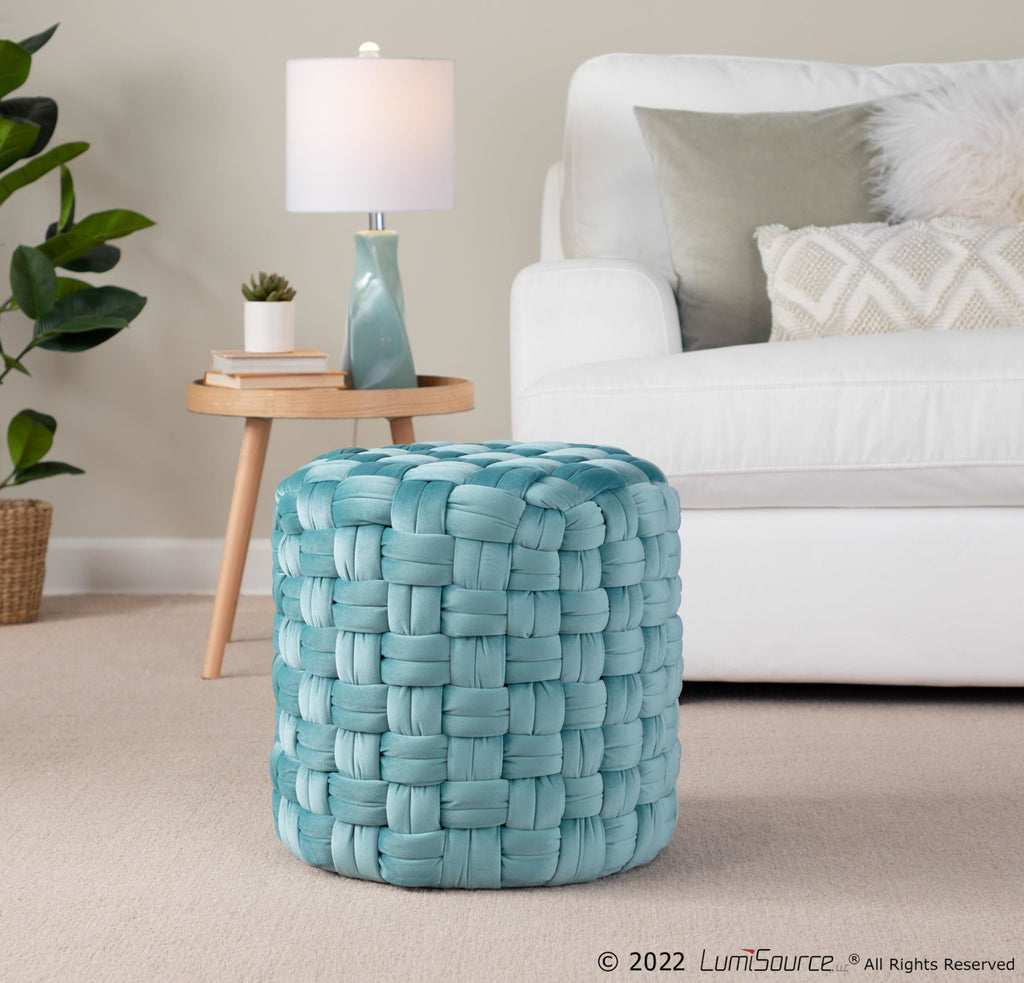 Braided Round 16" Ottoman - Ice Blue Velvet