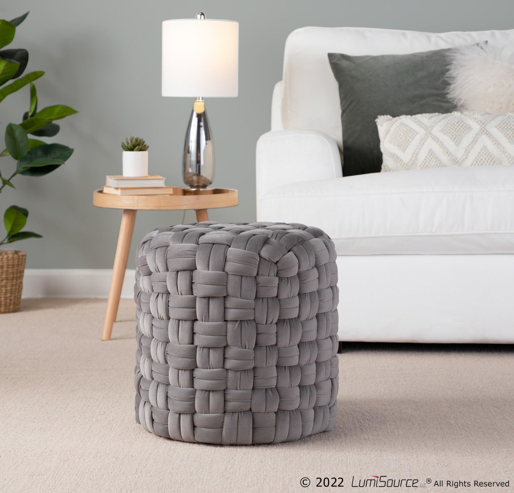 Braided Round 16" Ottoman - Dark Grey Velvet