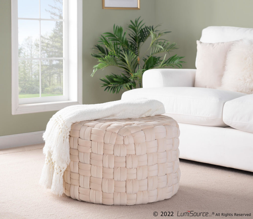 Braided Round 24" Ottoman - Cream Velvet