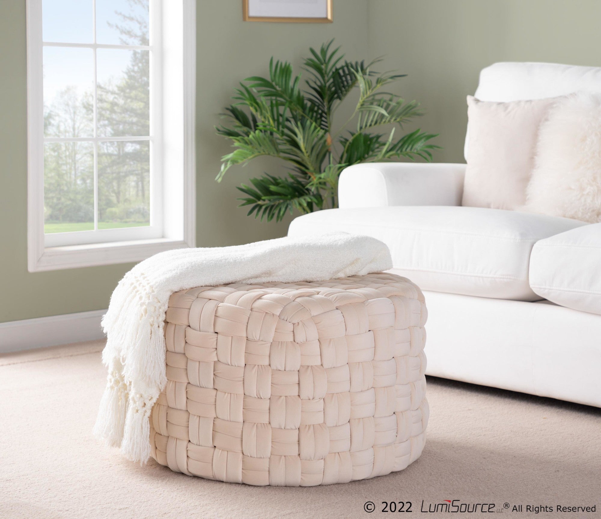 Braided Round 24" Ottoman - Cream Velvet