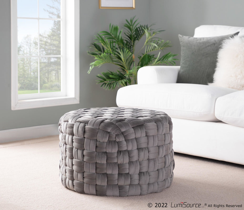 Braided Round 24" Ottoman - Dark Grey Velvet