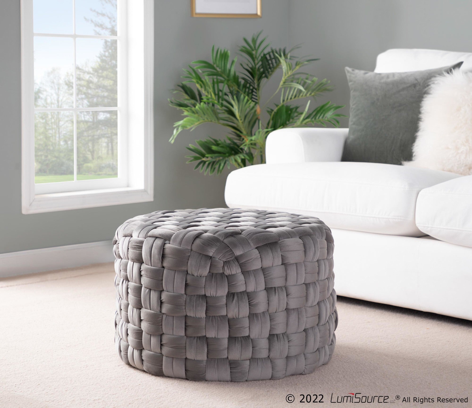 Braided Round 24" Ottoman - Dark Grey Velvet