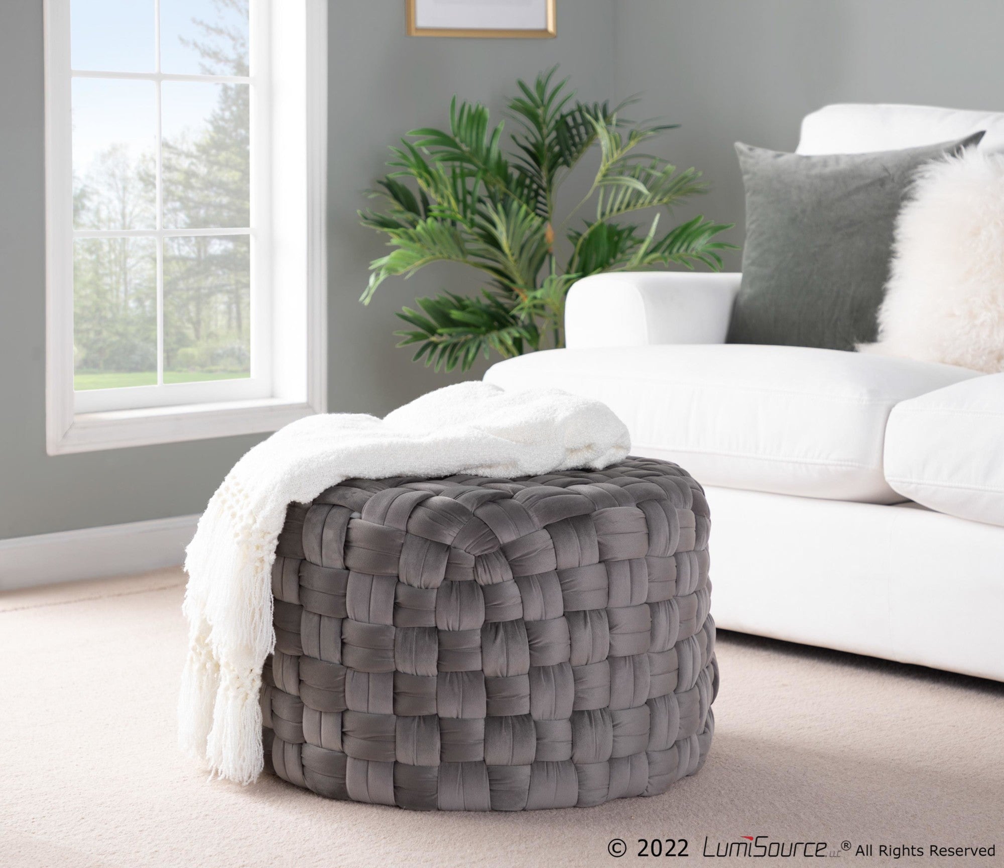 Braided Round 24" Ottoman - Dark Grey Velvet