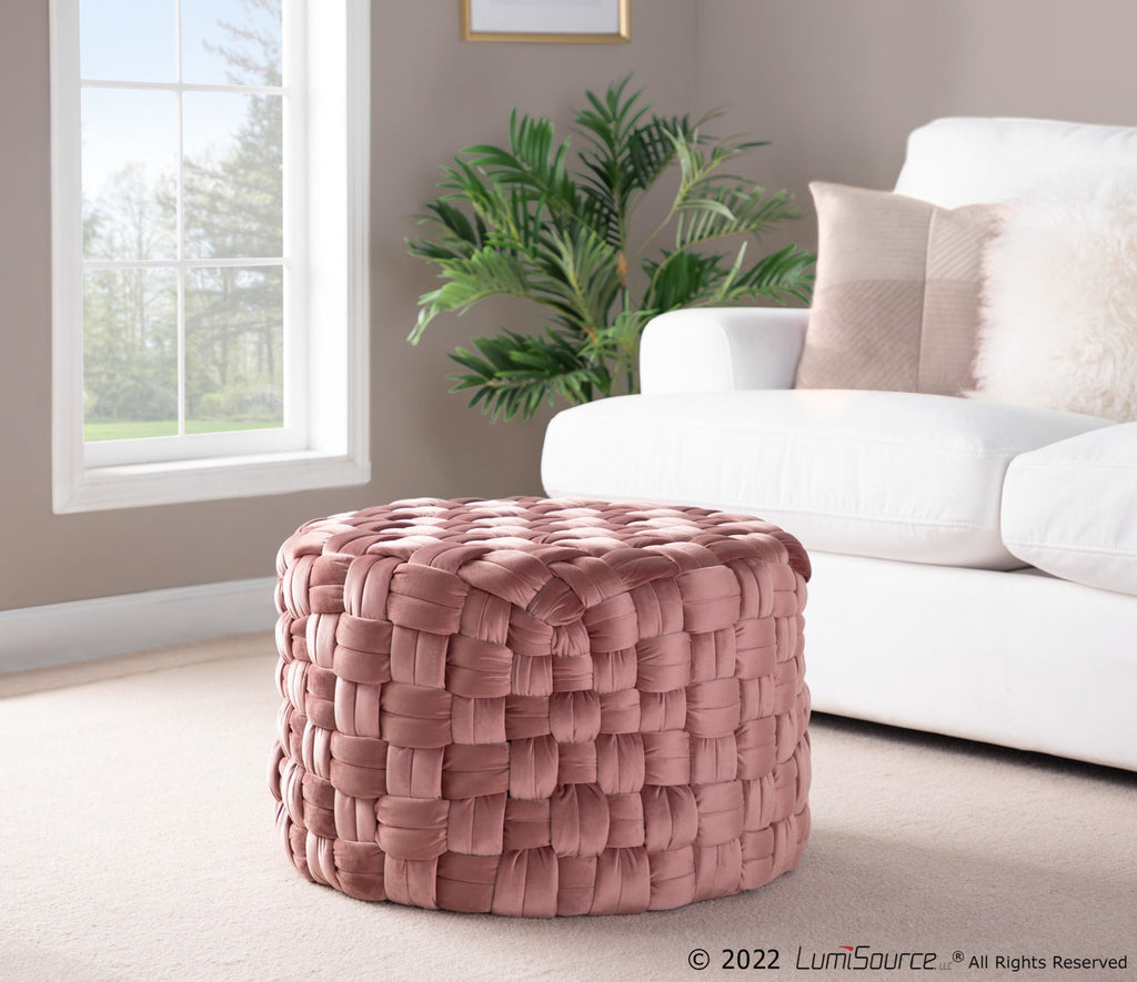 Braided Round 24" Ottoman - Blush Pink Velvet