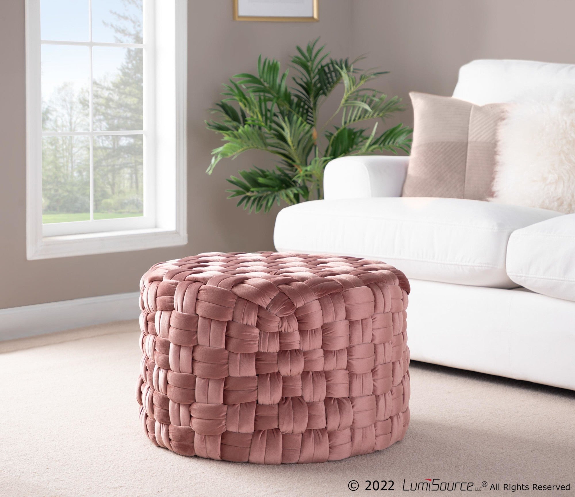 Braided Round 24" Ottoman - Blush Pink Velvet