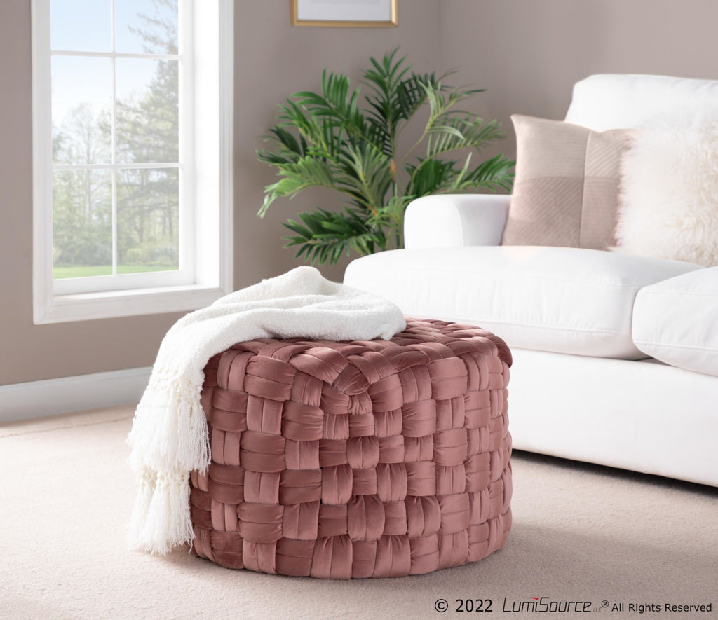 Braided Round 24" Ottoman - Blush Pink Velvet