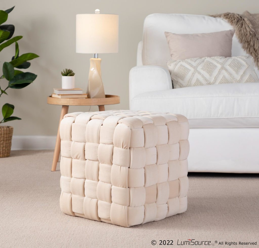 Braided Square 16" Ottoman - Cream Velvet