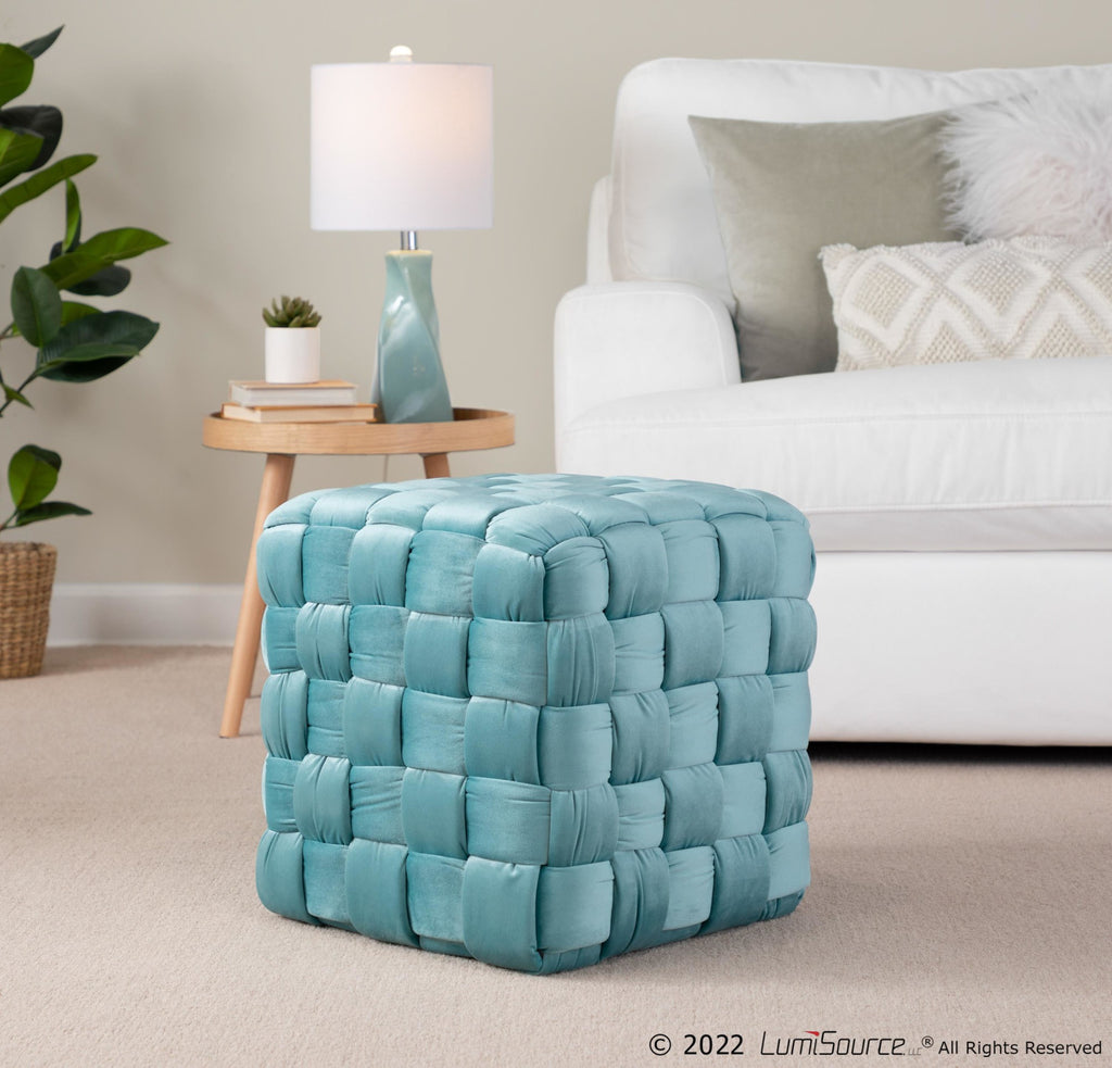 Braided Square 16" Ottoman - Ice Blue Velvet
