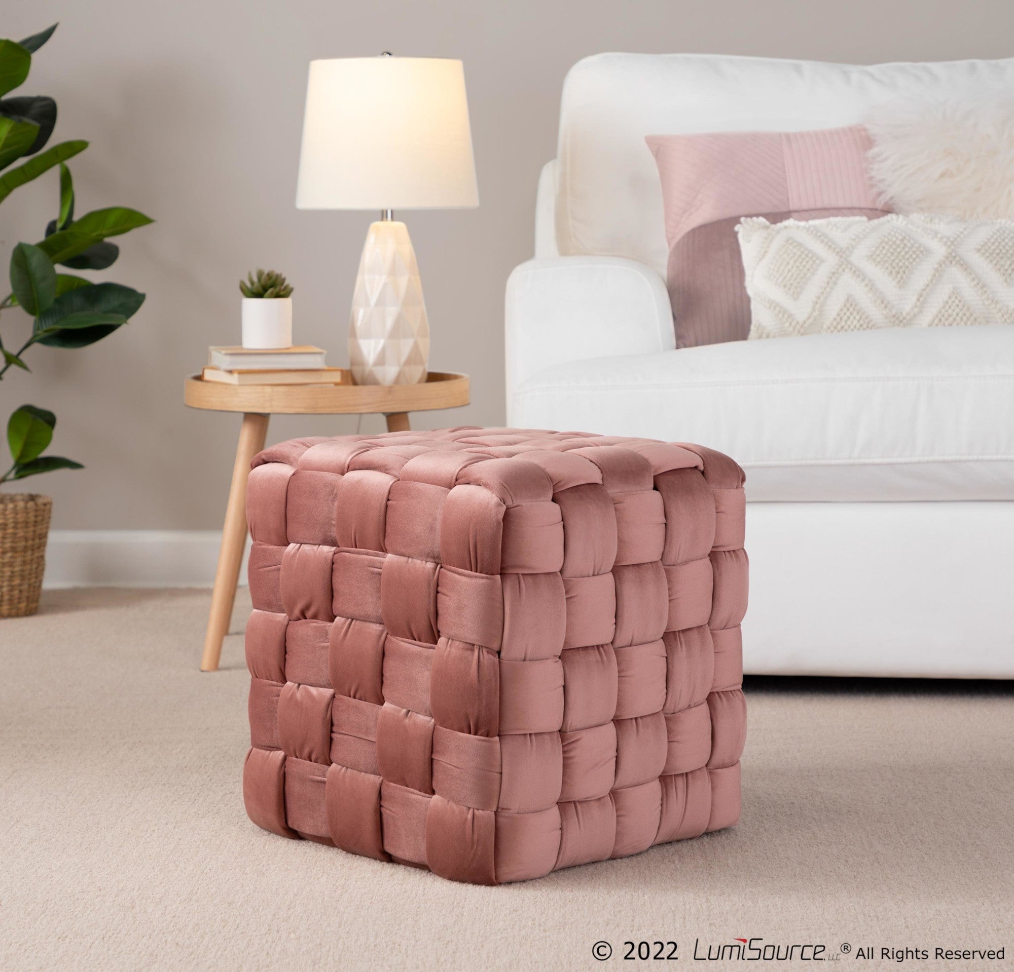 Braided Square 16" Ottoman - Blush Pink Velvet