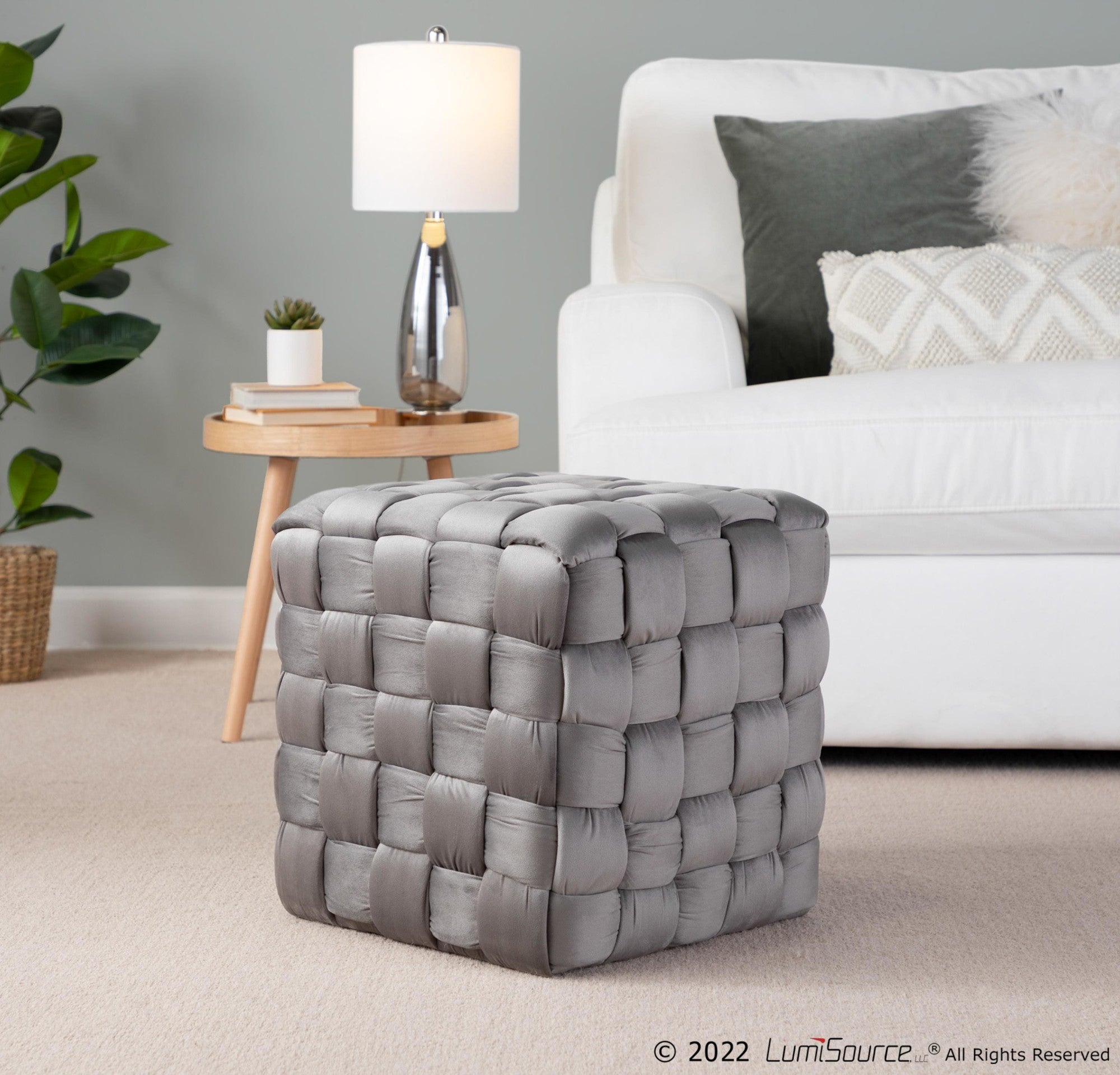 Braided Square 16" Ottoman - Dark Grey Velvet