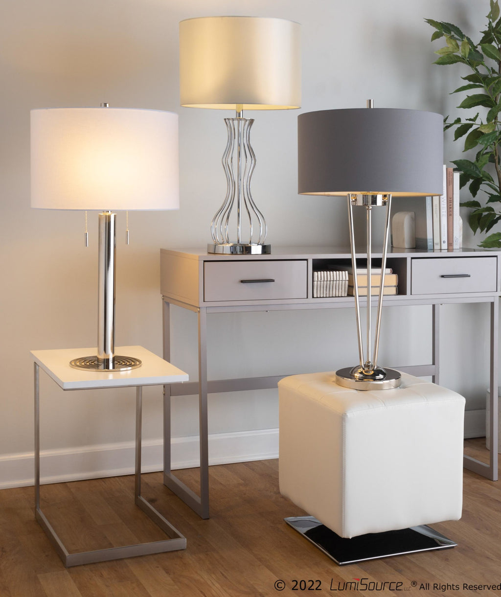 Master 29" Metal Table Lamp - Set of 2 - Polished Nickel, White Linen