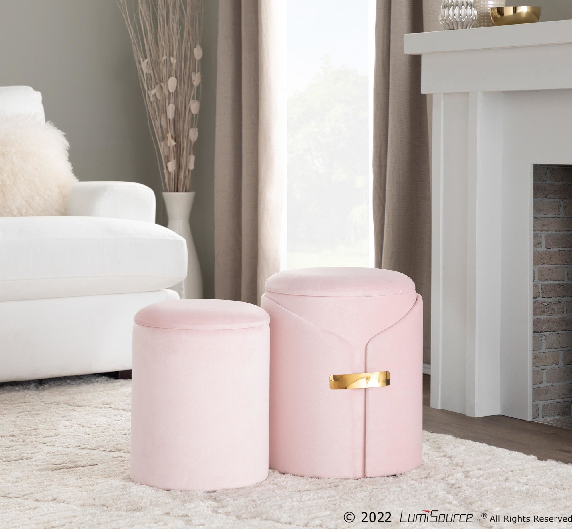 Dahlia Ottoman Set - Gold Metal, Blush Pink Velvet