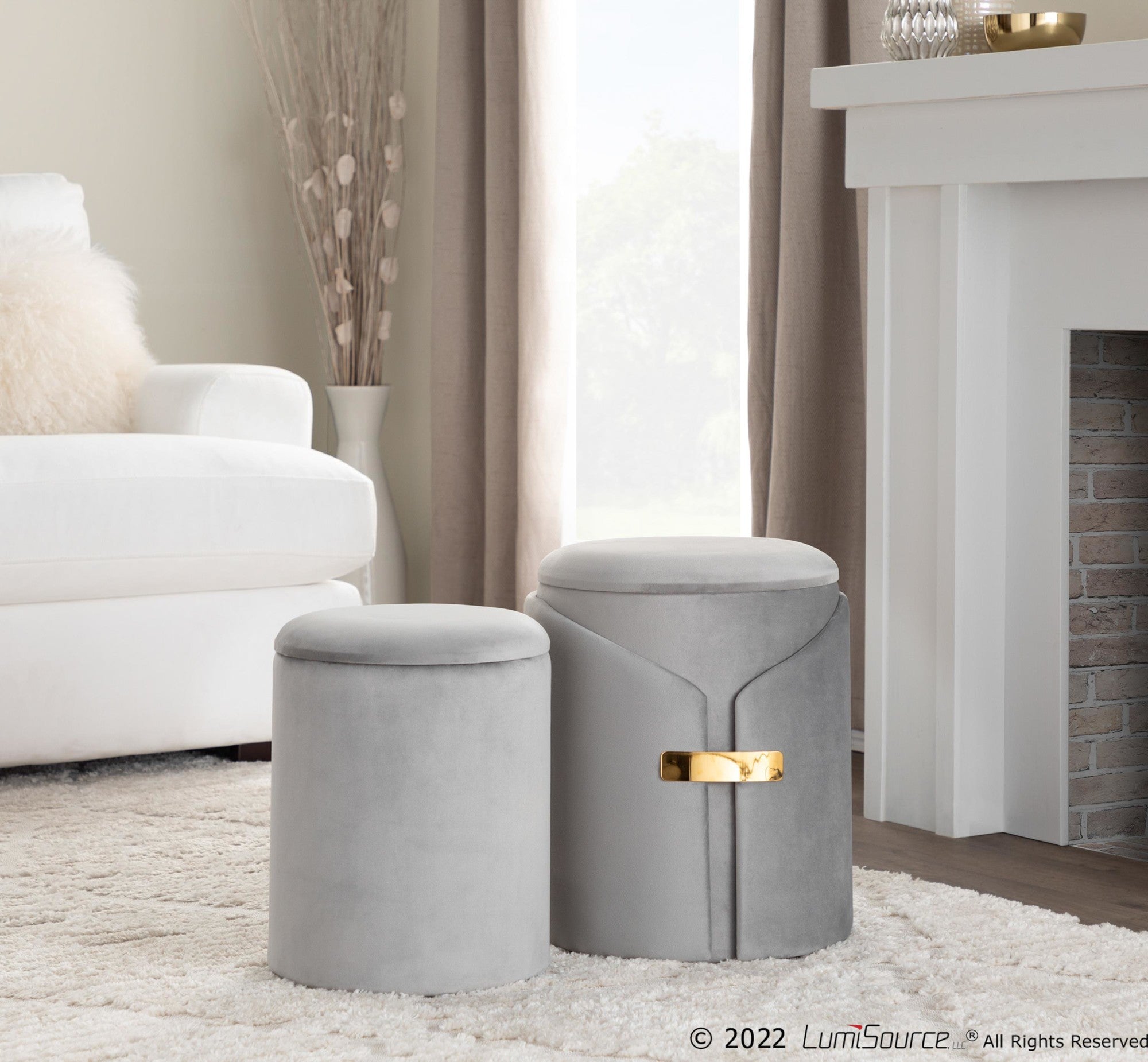 Dahlia Ottoman Set - Gold Metal, Silver Velvet