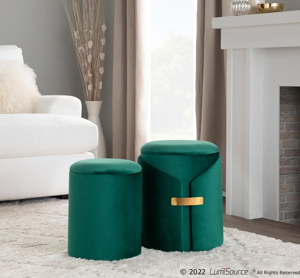 Dahlia Ottoman Set - Gold Metal, Green Velvet