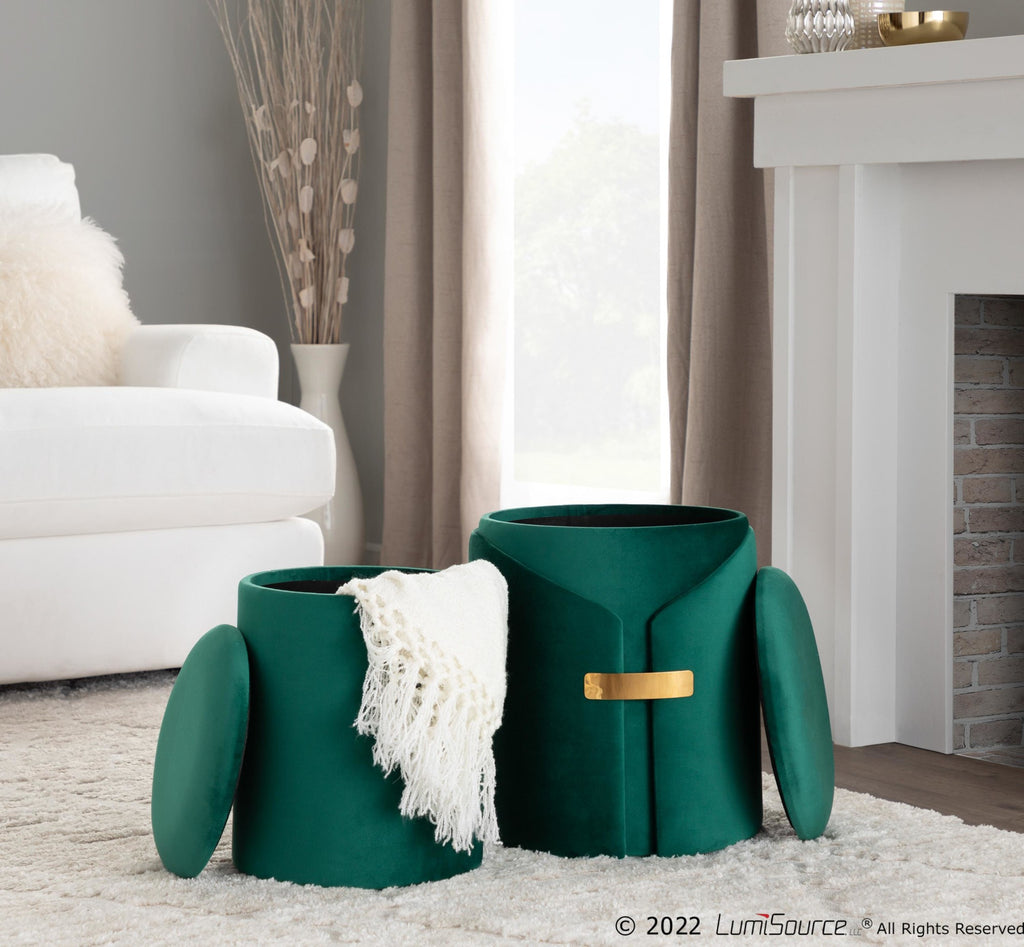 Dahlia Ottoman Set - Gold Metal, Green Velvet