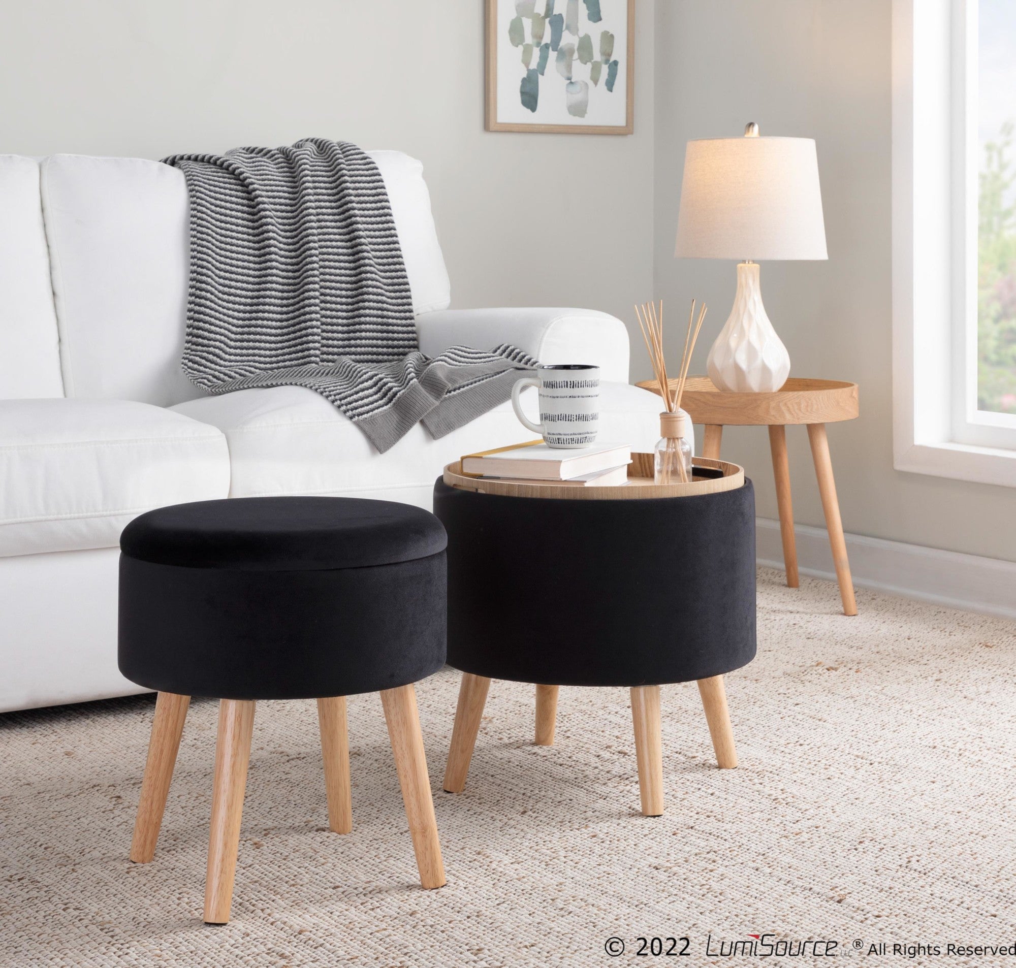 Tray Storage Ottoman Set - Natural Wood, Black Velvet