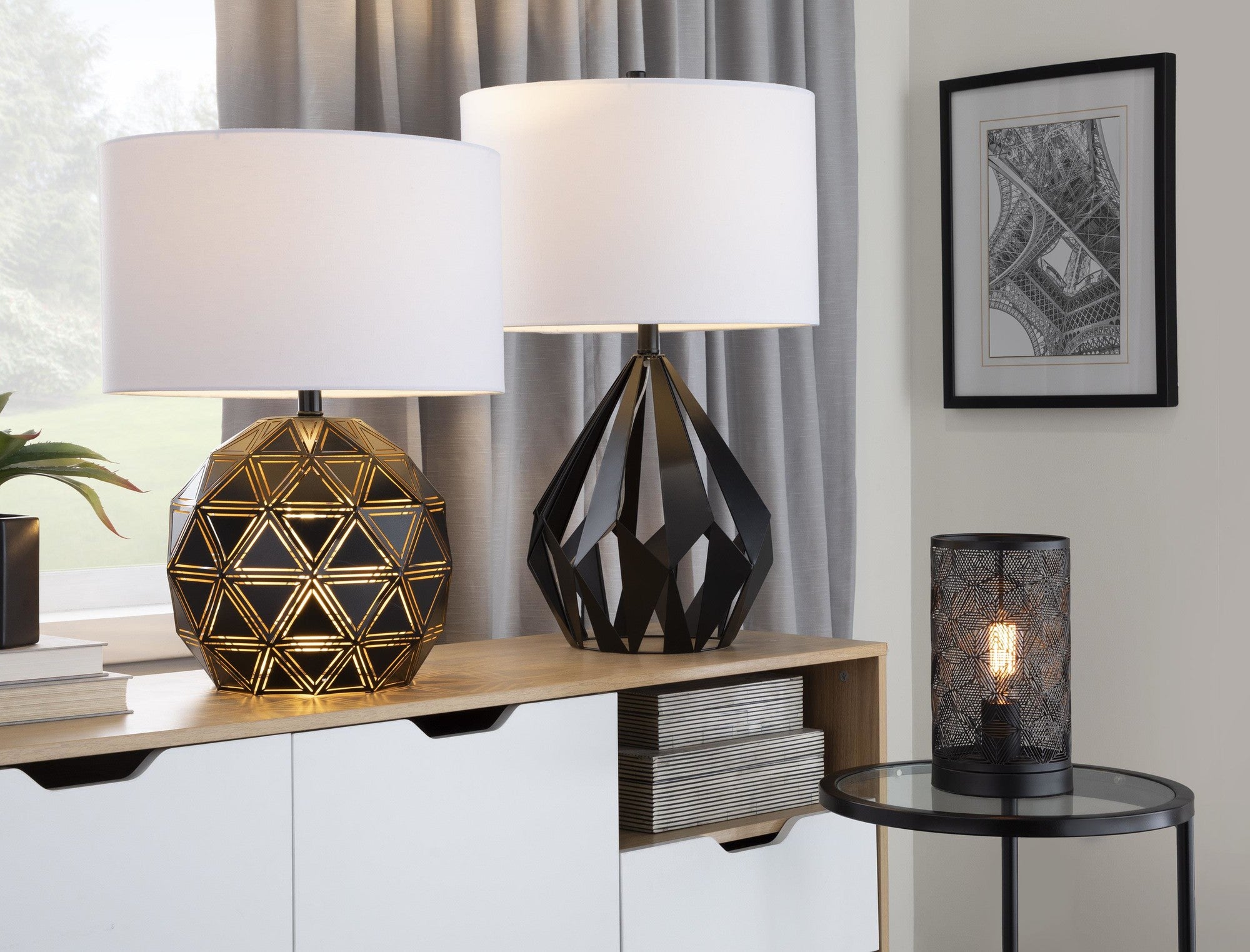 Geome Tri 28" Metal Table Lamp - Set of 2 - Matte Black Metal, White Linen