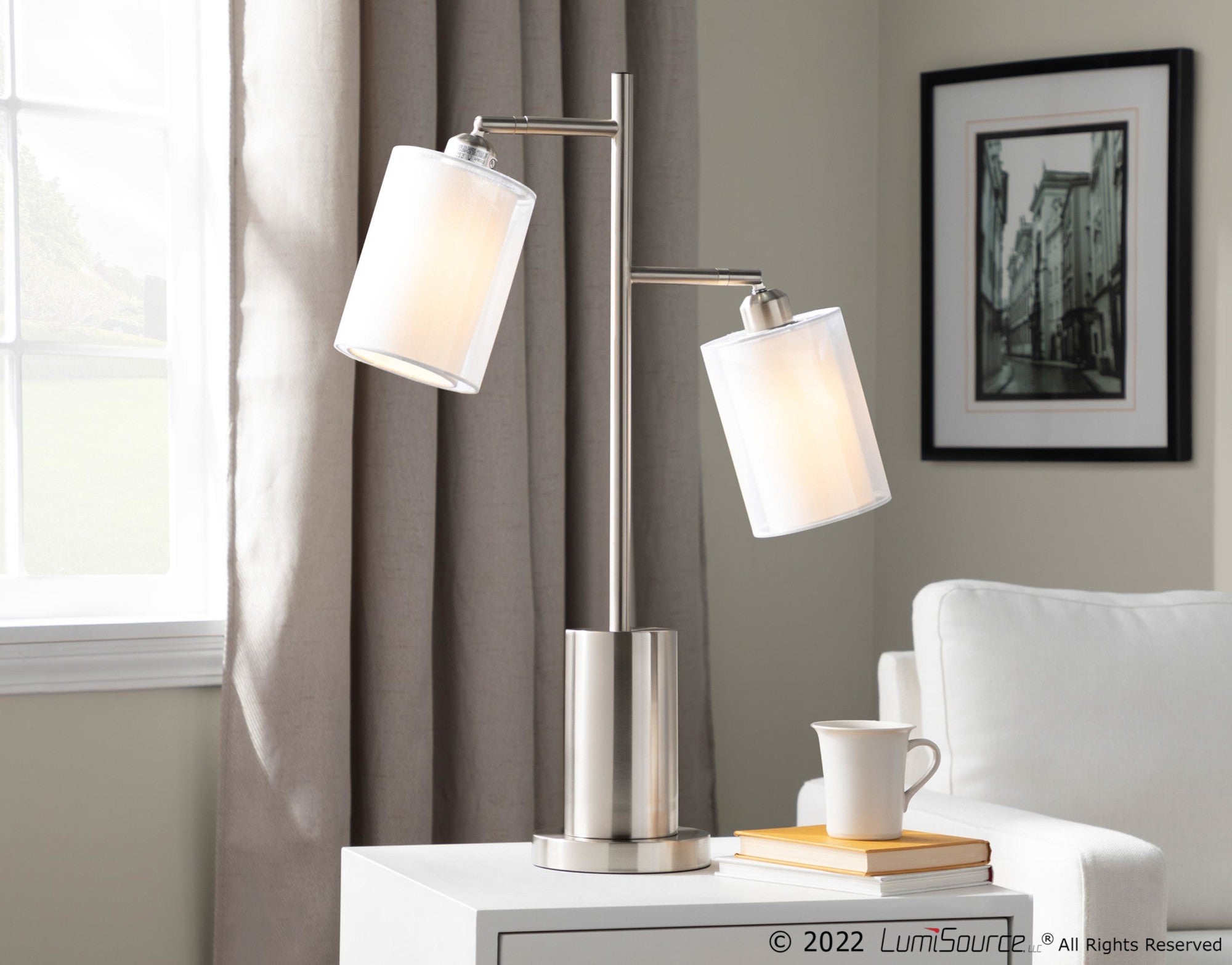 Cannes Table Lamp - Nickel Metal, White Shades