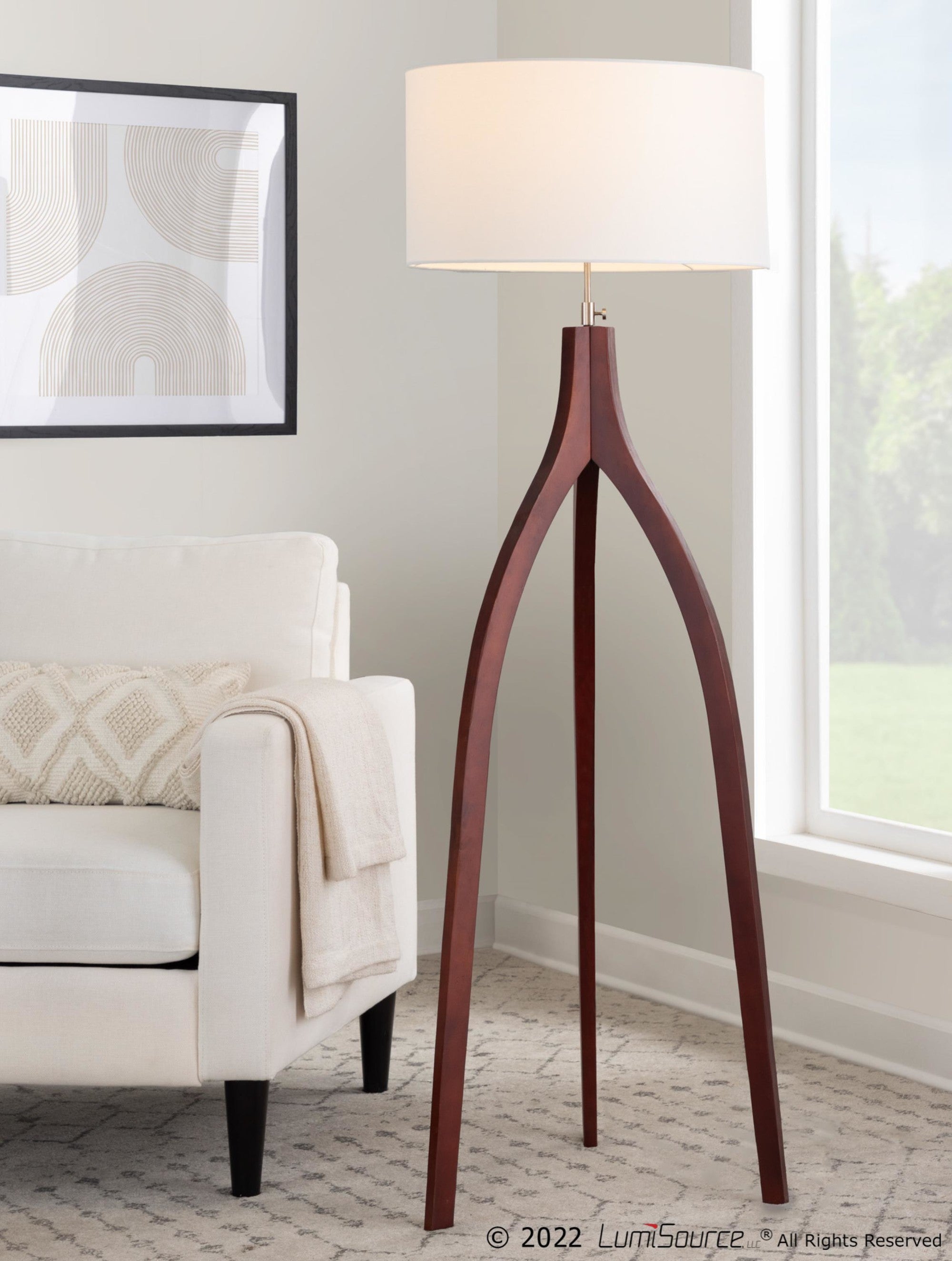 Wishbone Floor Lamp - Walnut Wood, White Fabric Shade