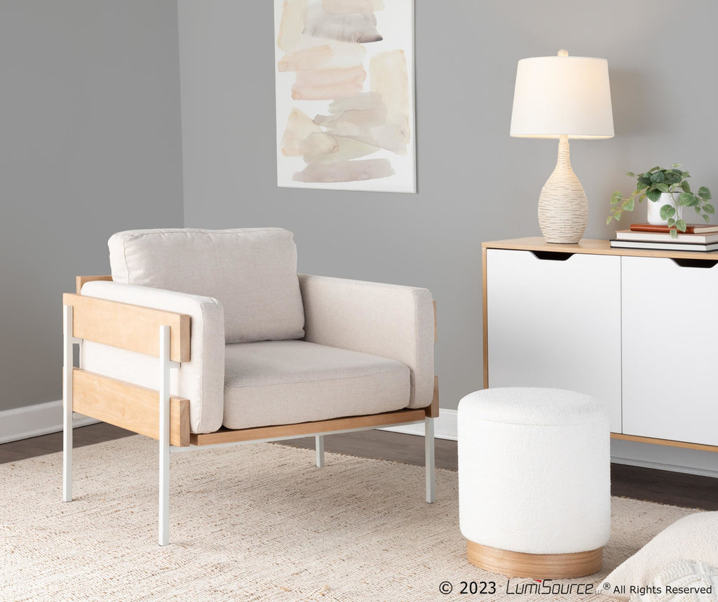 Kari Accent Chair - White Metal, Natural Wood, Cream Fabric