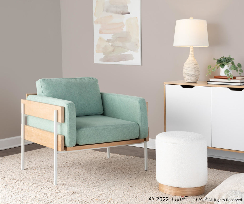 Kari Accent Chair - White Metal, Natural Wood, Light Green Fabric