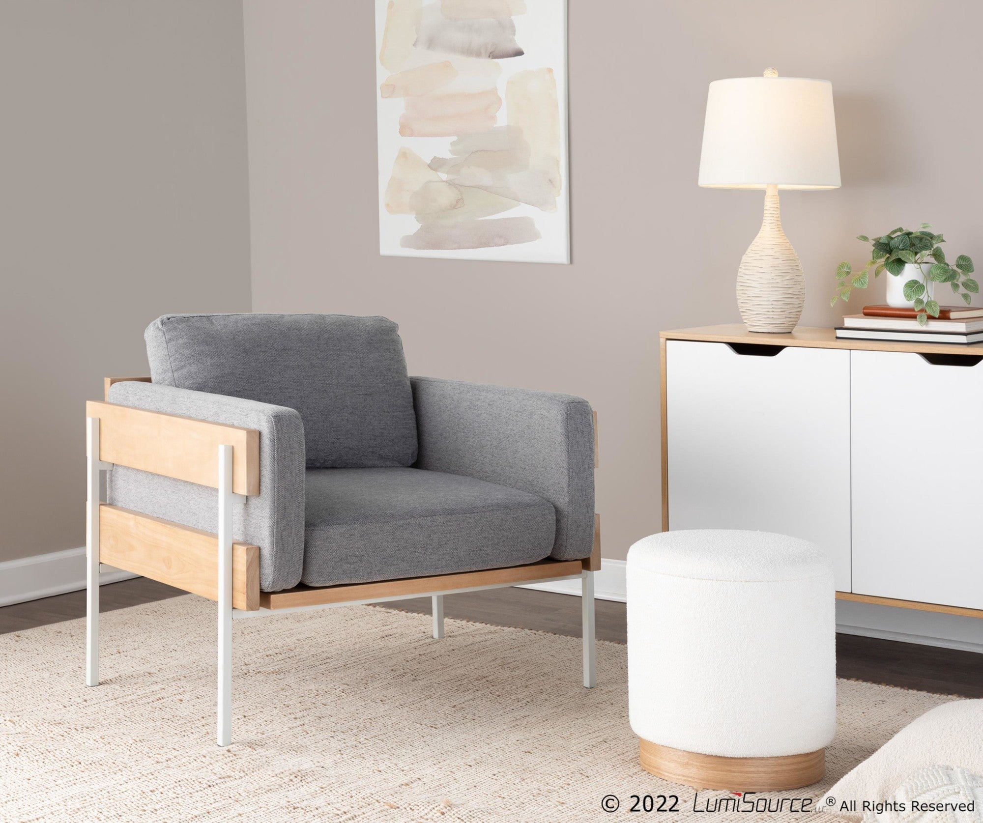 Kari Accent Chair - White Metal, Natural Wood, Light Grey Fabric