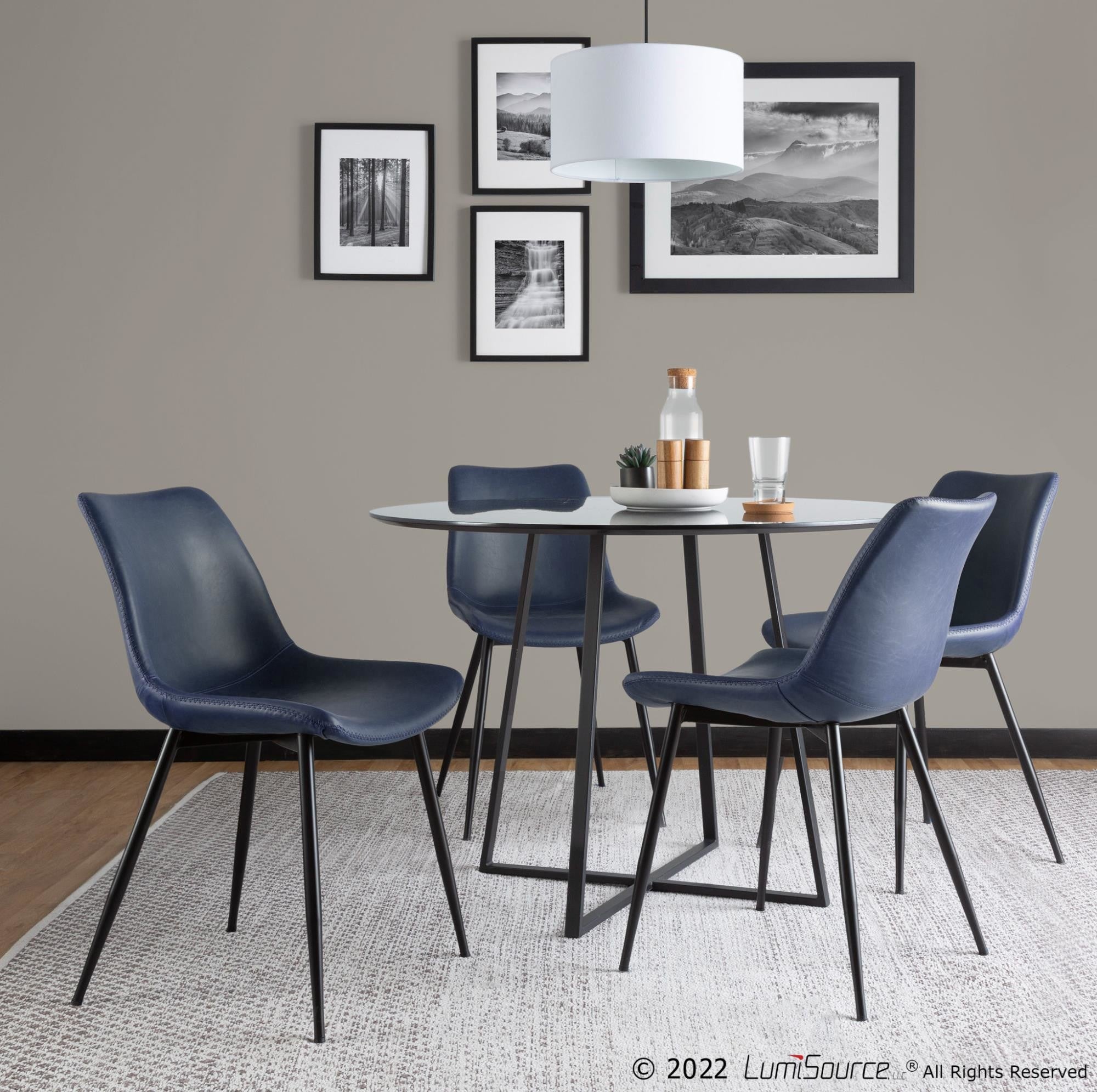 Durango Dining Chair - Set of 2 - Black Metal, Blue PU, Grey Zig Zag Stitching