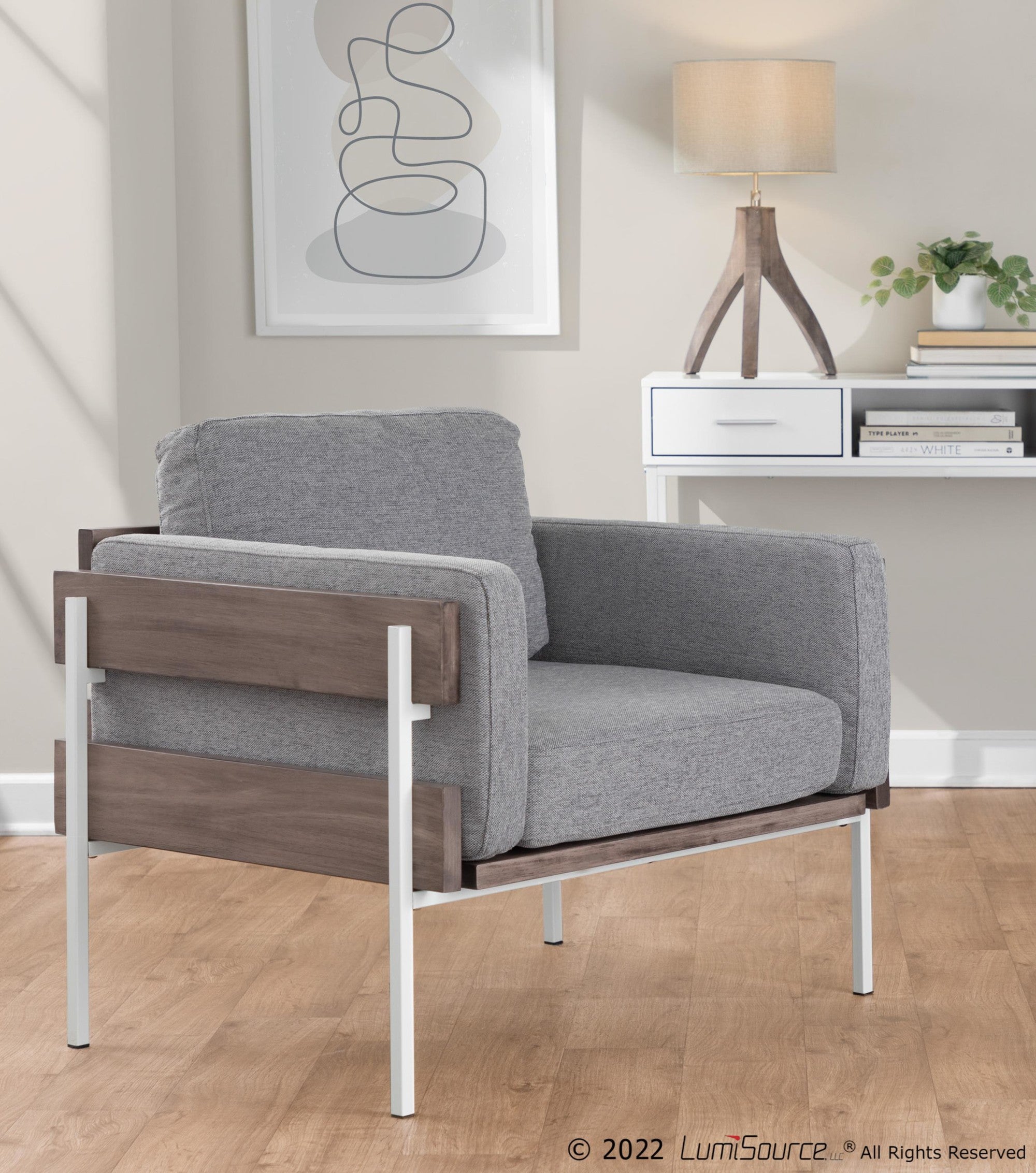 Kari Accent Chair - White Metal, Grey Wood, Light Grey Fabric