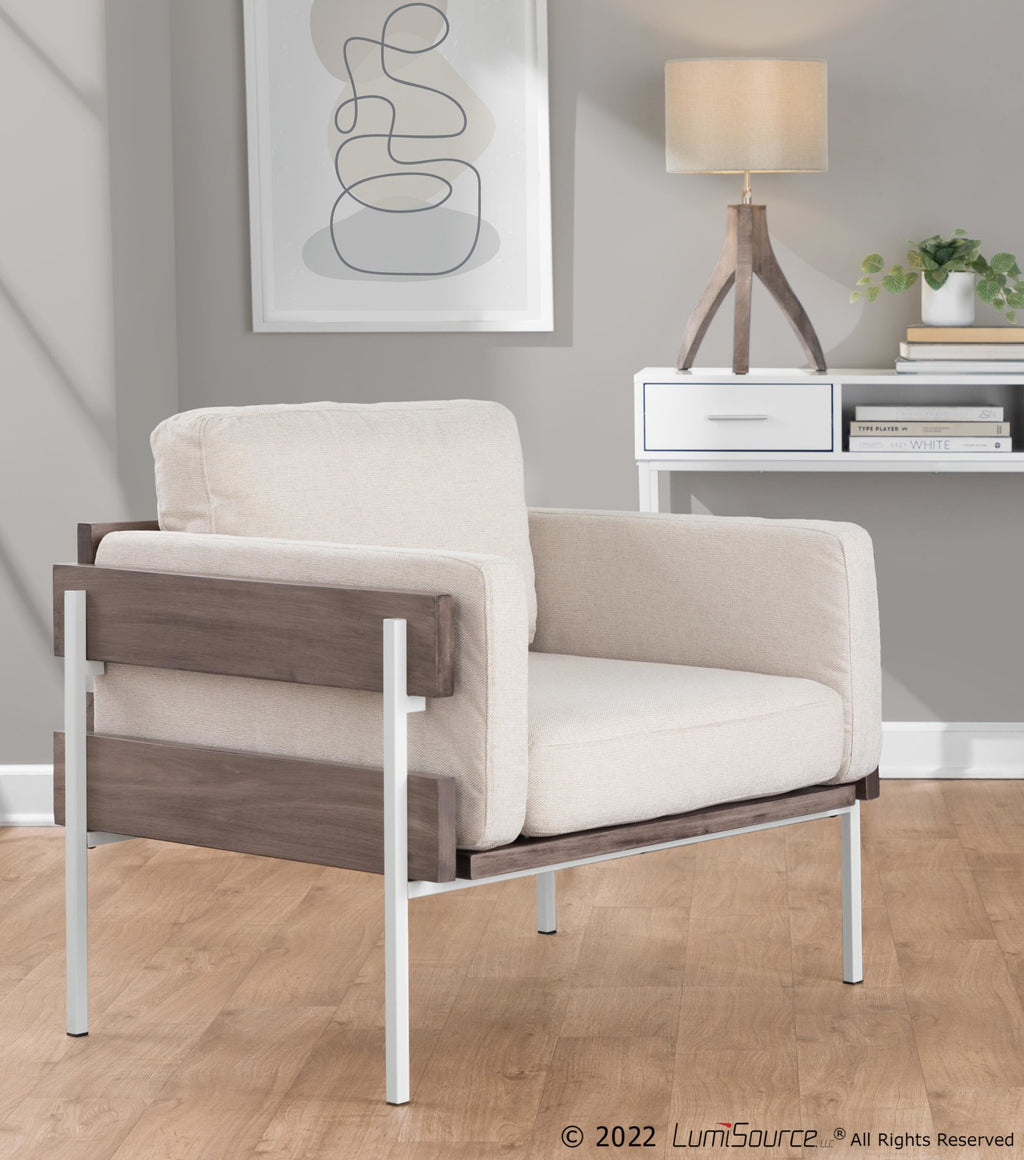 Kari Accent Chair - White Metal, Grey Wood, Cream Fabric