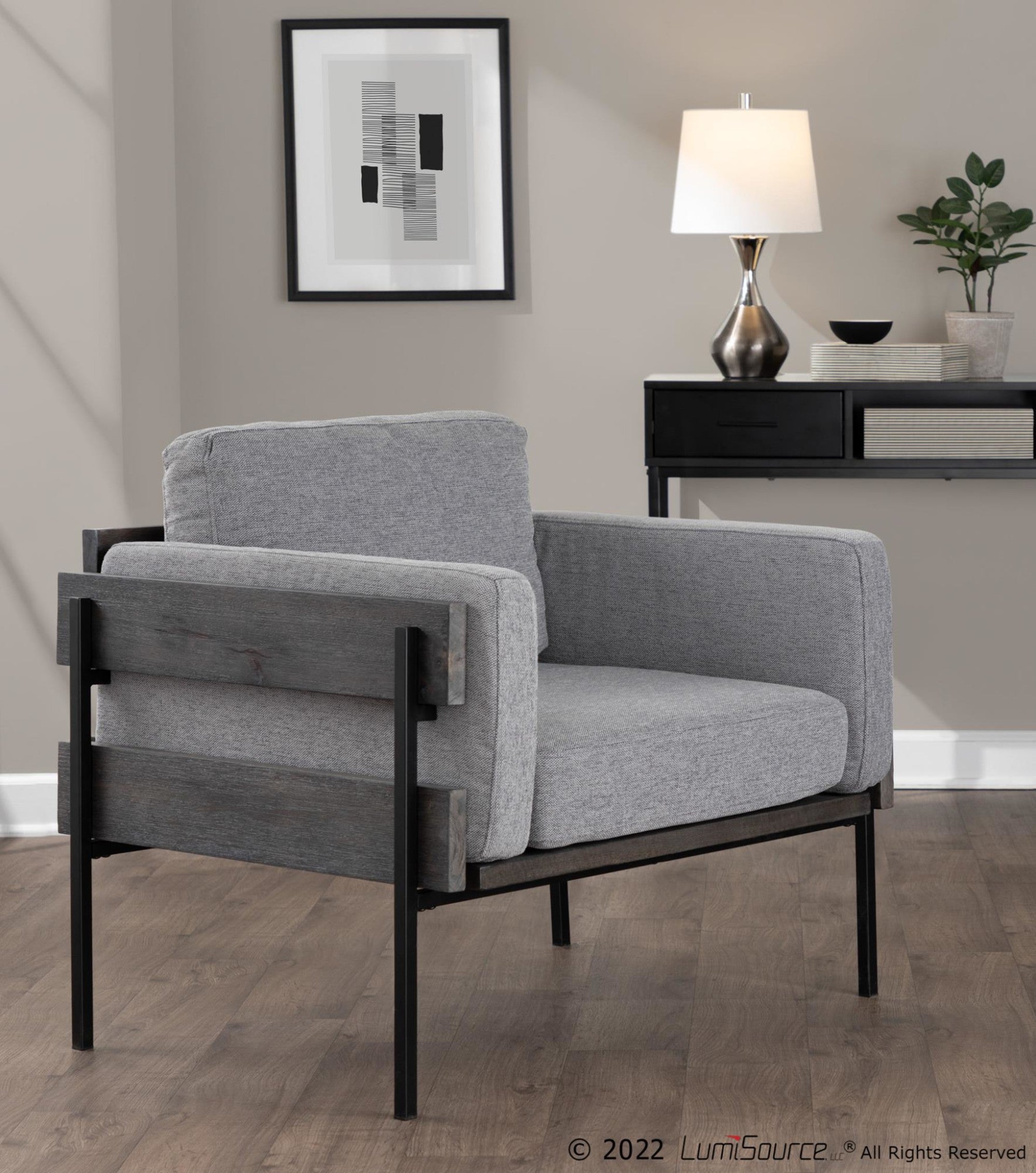 Kari Accent Chair - Black Metal, Grey Wood, Light Grey Fabric