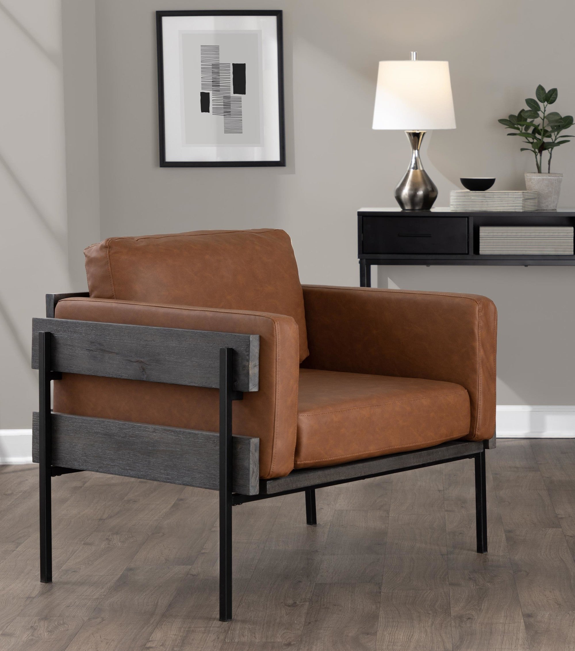Kari Accent Chair - Black Metal, Grey Wood, Camel PU