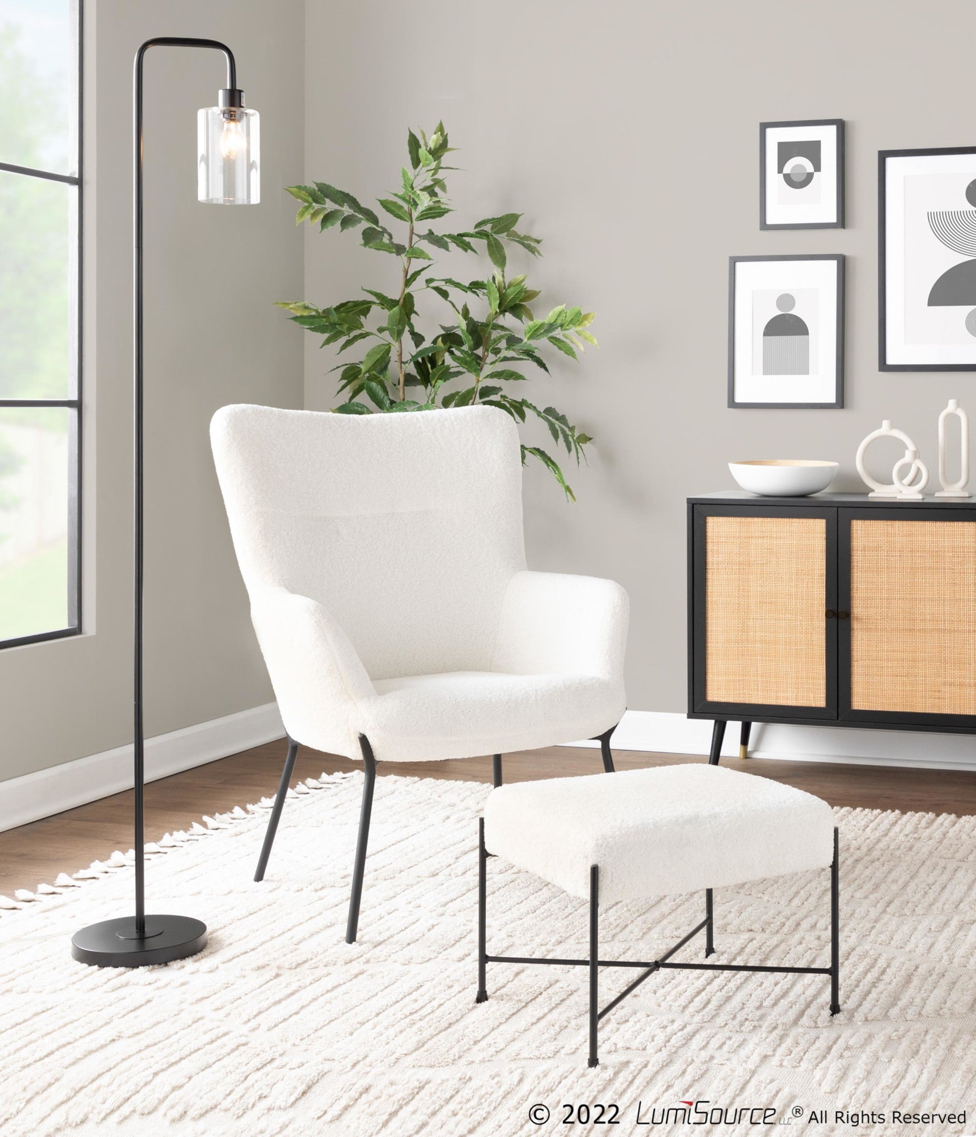 Izzy Lounge Chair + Ottoman Set - Black Metal, White Sherpa