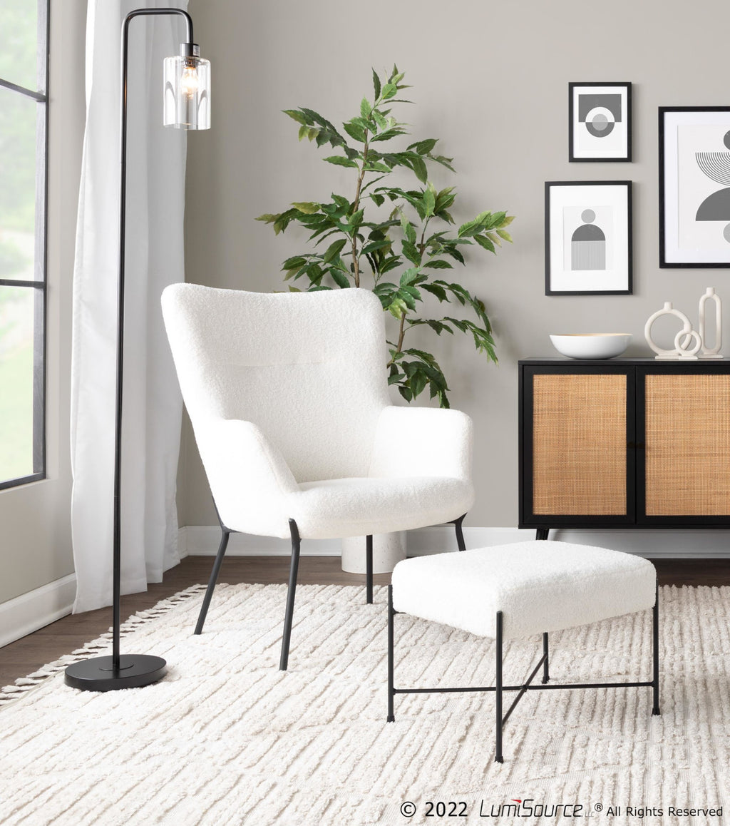 Izzy Lounge Chair + Ottoman Set - Black Metal, White Sherpa