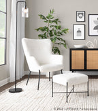 Izzy Lounge Chair + Ottoman Set - Black Metal, White Sherpa