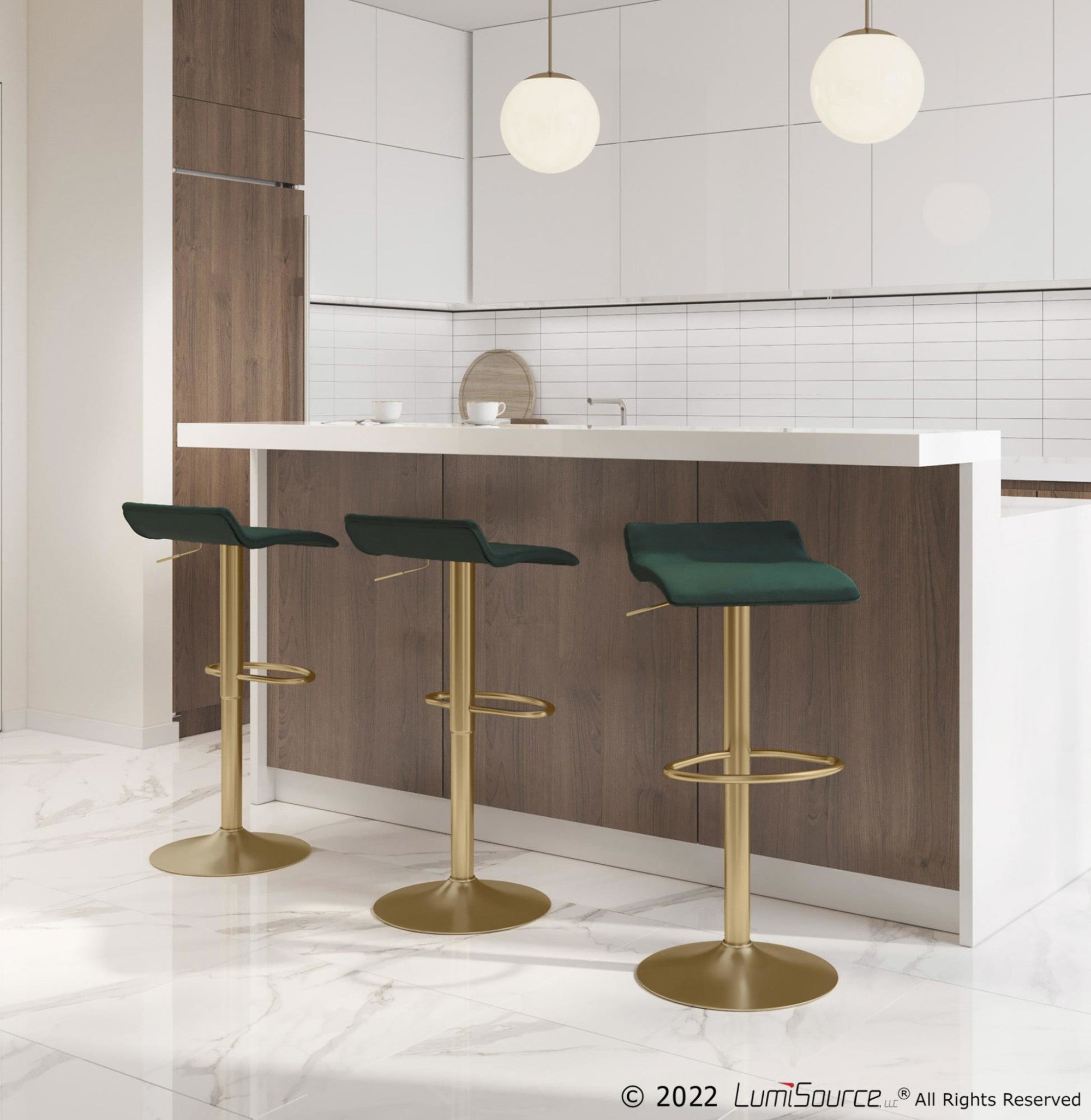 Ale Adjustable Barstool - Set of 2 - Gold Brushed Metal, Green Velvet