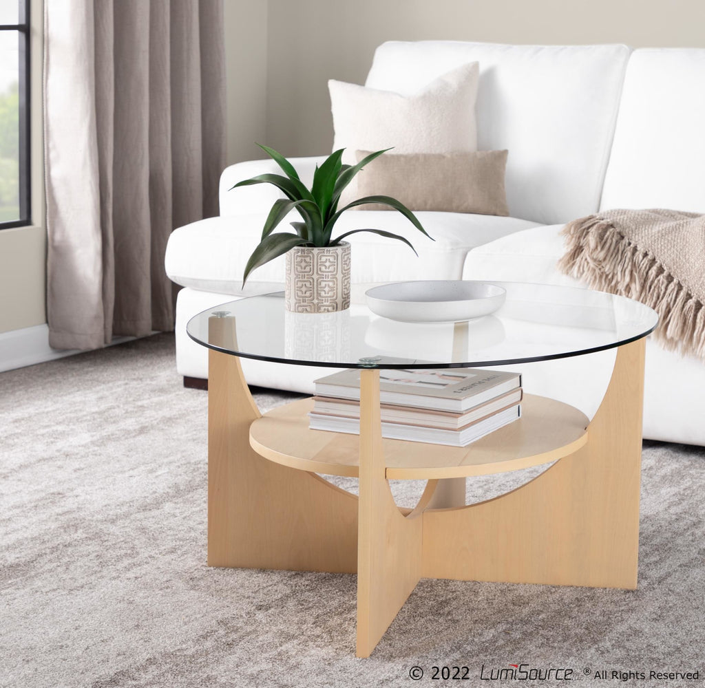 U-shaped Coffee Table - Natural Wood, Clear Glass