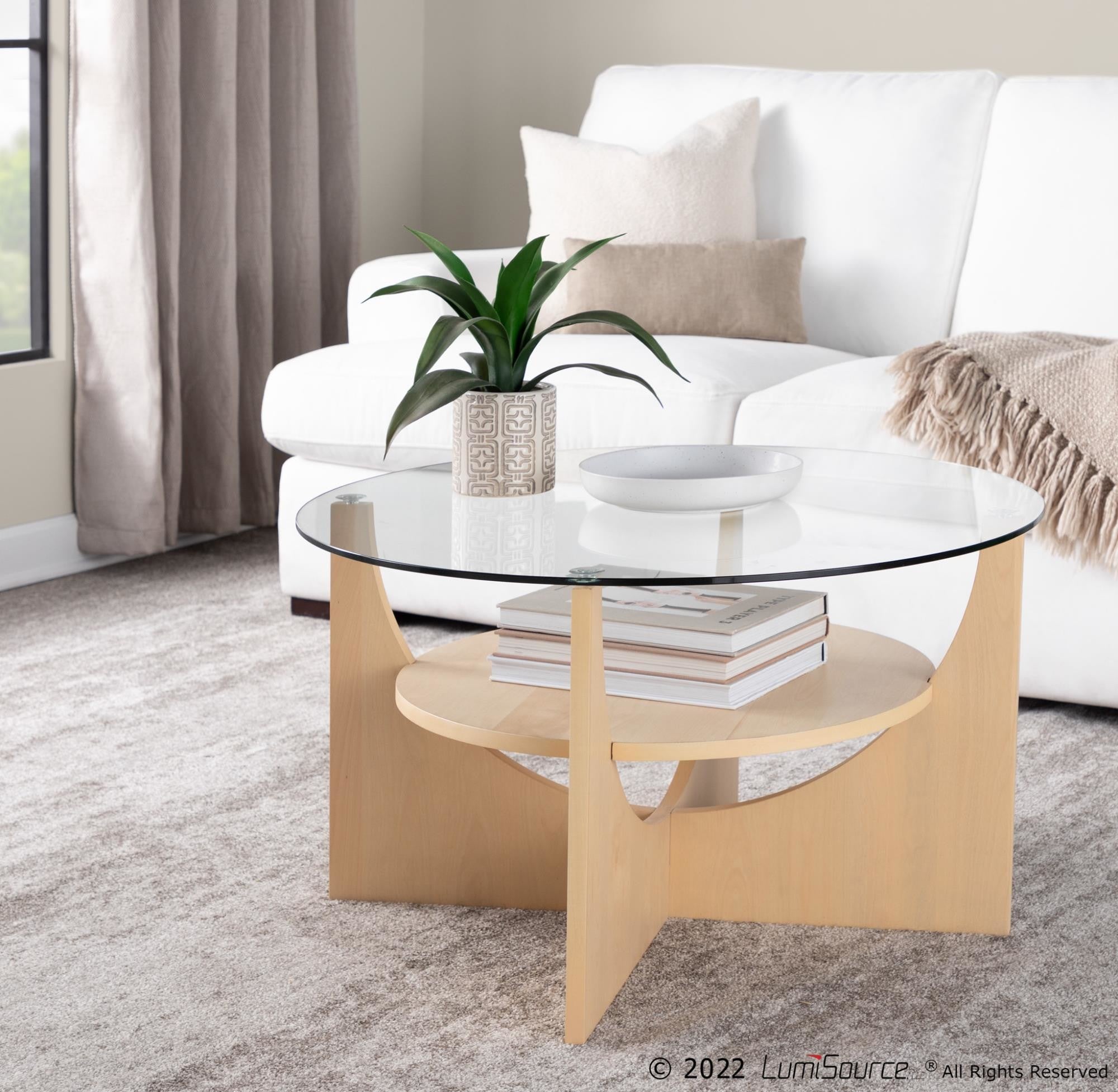 U-shaped Coffee Table - Natural Wood, Clear Glass