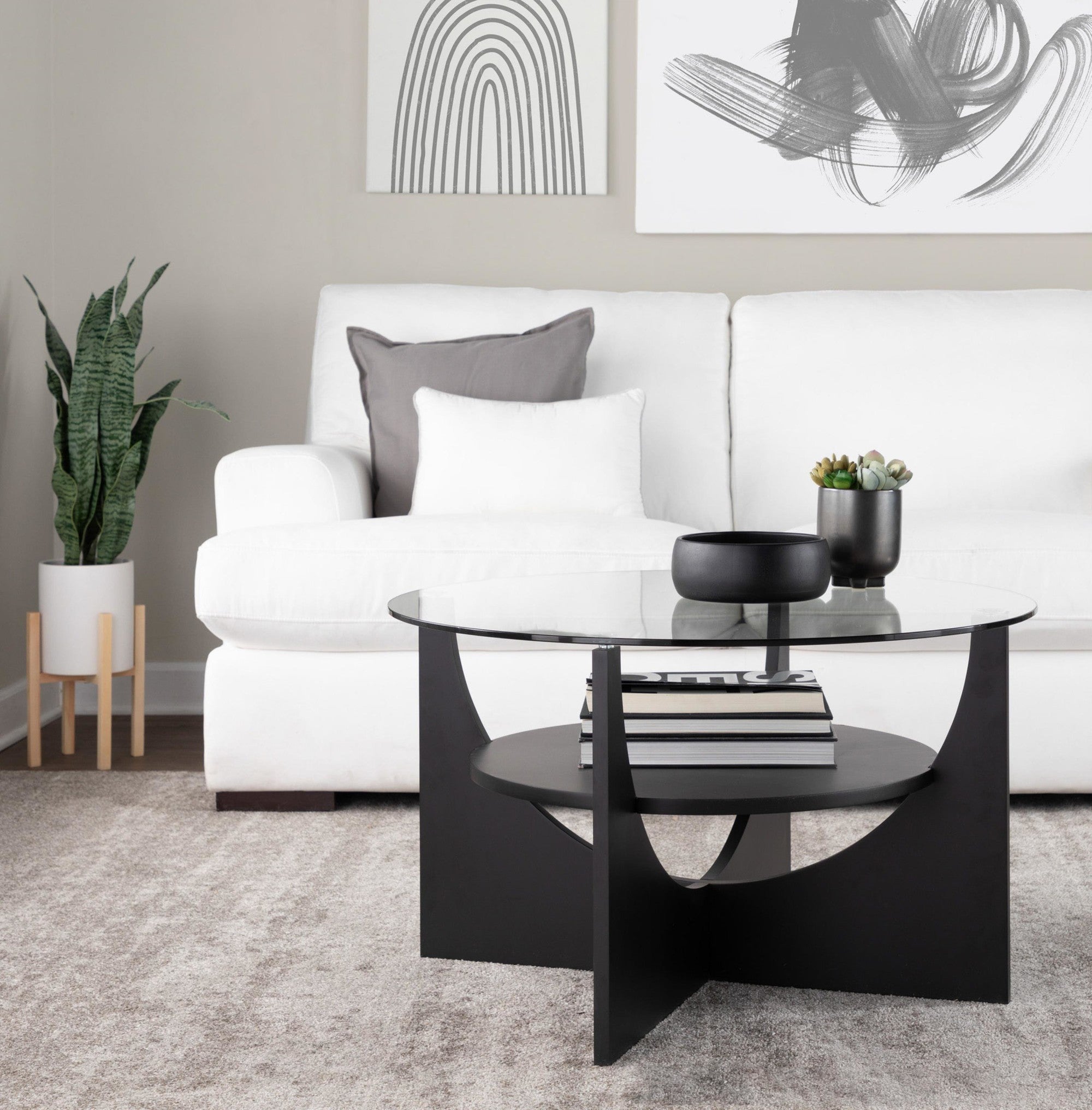 U-shaped Coffee Table - Natural Wood, Clear Glass
