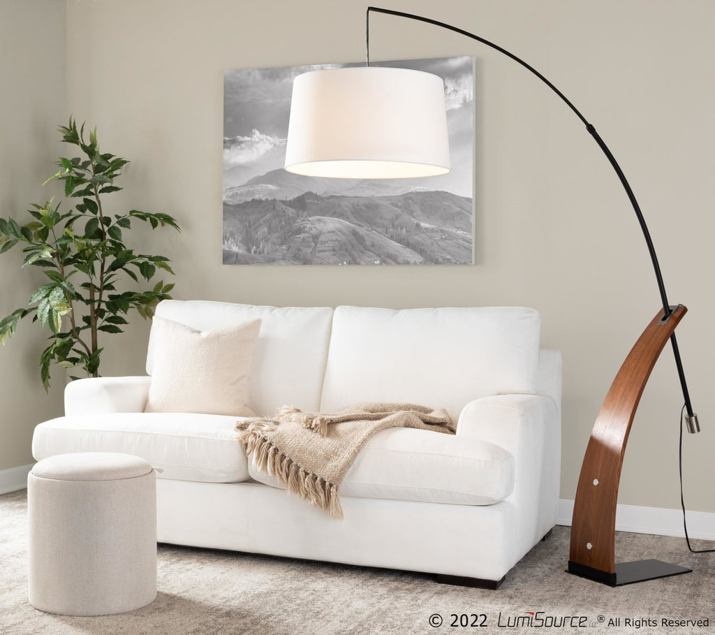 Robyn Floor Lamp - Walnut Wood, Black Metal, White Linen
