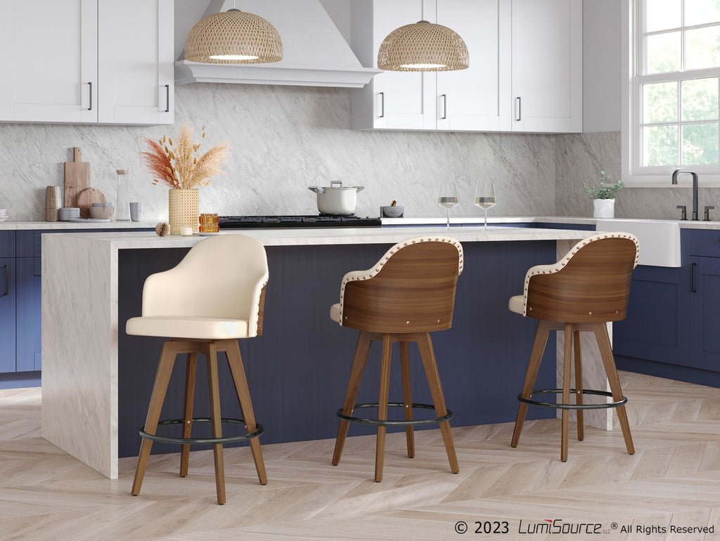 Ahoy 26" Fixed-Height Counter Stool - Walnut Bamboo, Cream PU, Black Metal, Brass Metal