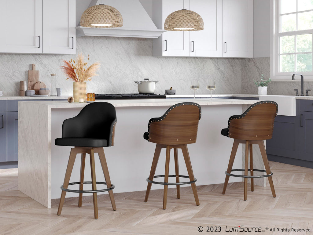 Ahoy 26" Fixed-Height Counter Stool - Walnut Bamboo, Black PU, Black Metal, Brass Metal