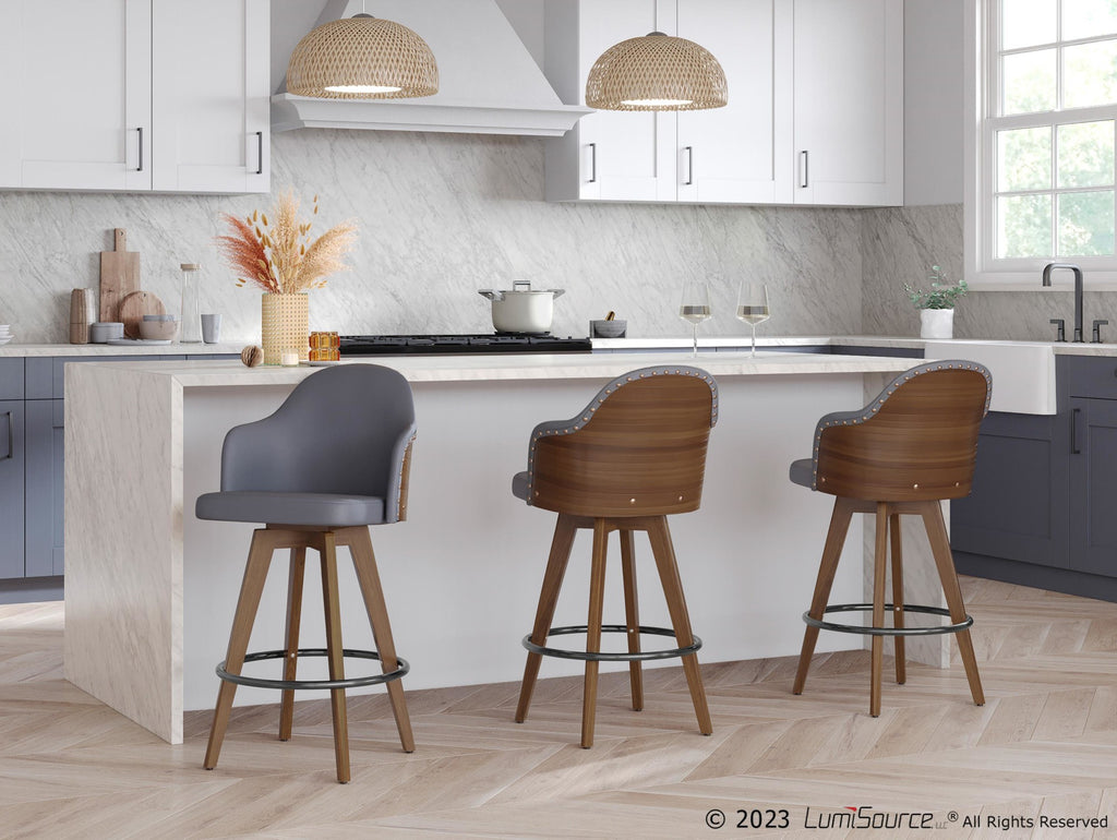 Ahoy 26" Fixed-Height Counter Stool - Walnut Bamboo, Grey PU, Black Metal, Brass Metal