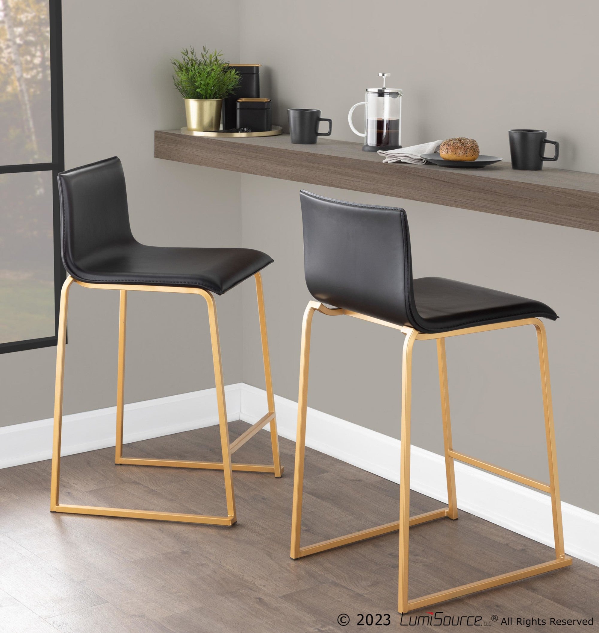 Mara 26" Fixed-Height Counter Stool - Set of 2 - Gold Metal, Black PU