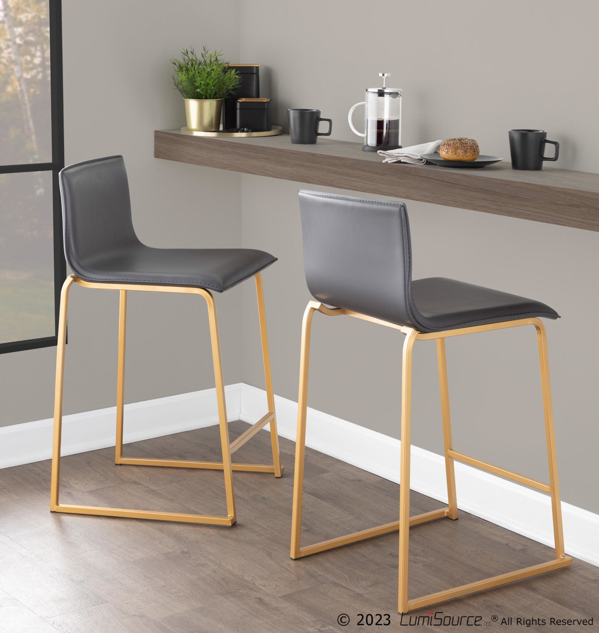 Mara 26" Fixed-Height Counter Stool - Set of 2 - Gold Metal, Grey PU
