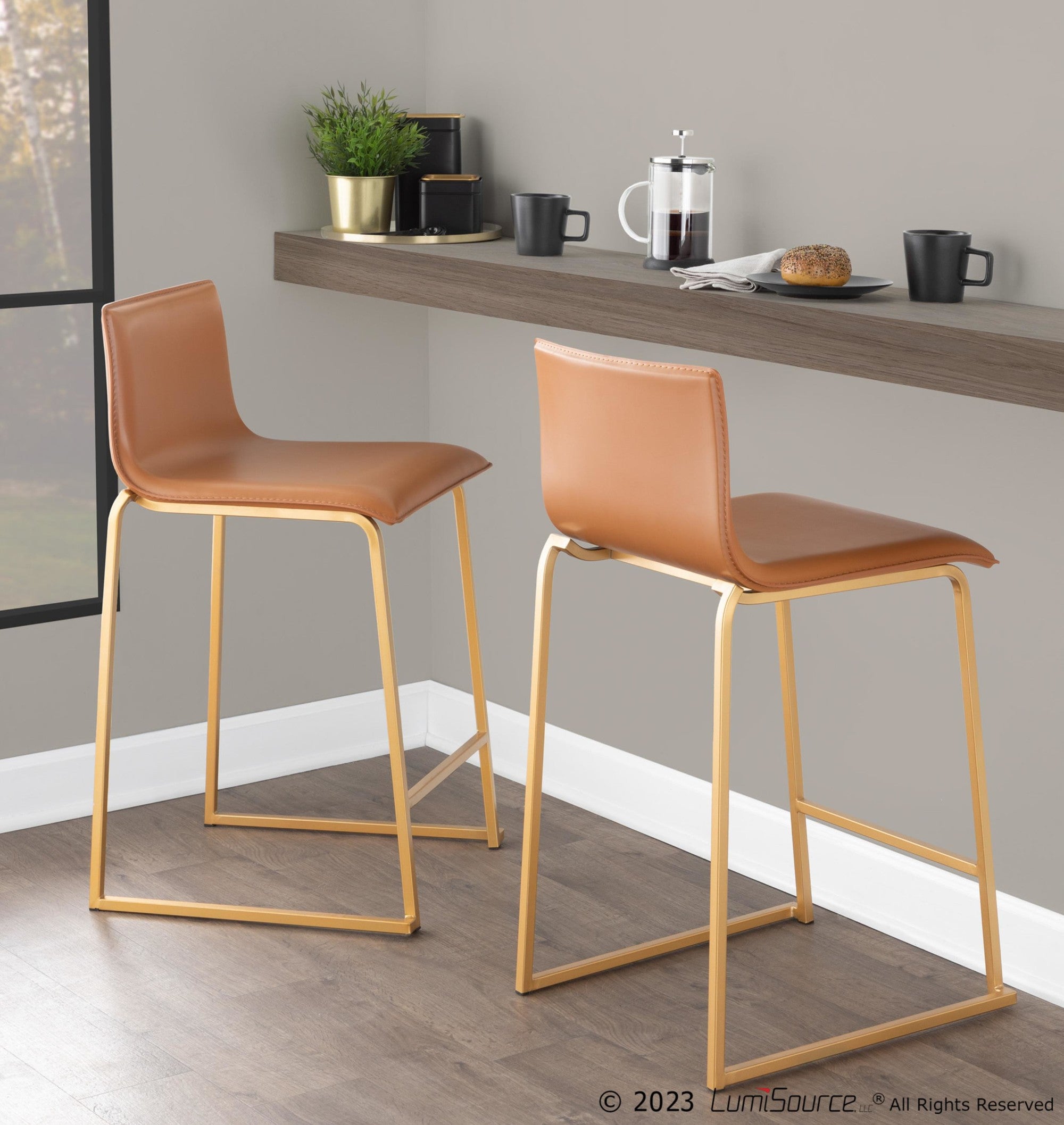 Mara 26" Fixed-Height Counter Stool - Set of 2 - Gold Metal, Camel PU