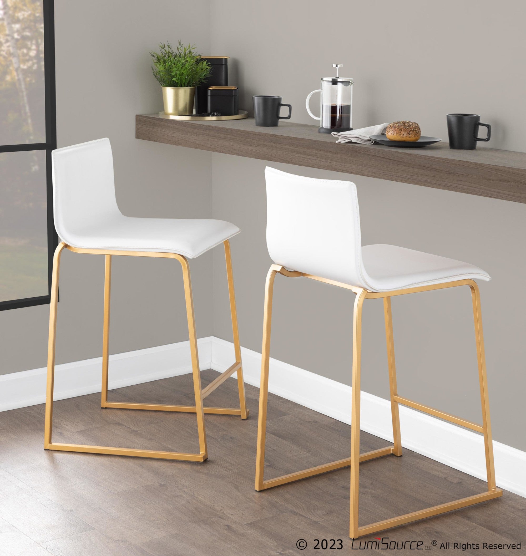 Mara 26" Fixed-Height Counter Stool - Set of 2 - Gold Metal, White PU