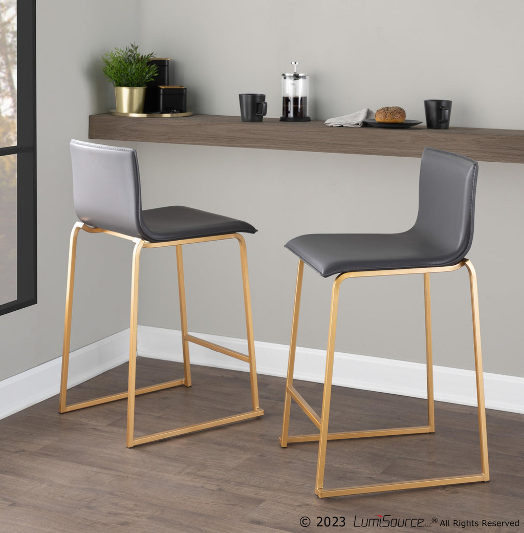 Mara 26" Fixed-Height Counter Stool - Set of 2 - Gold Metal, Grey PU