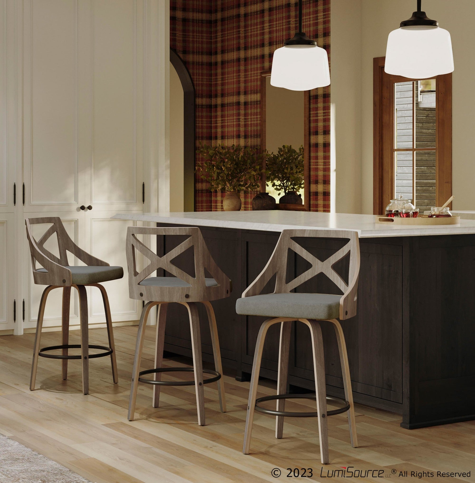 Charlotte 26" Fixed-Height Counter Stool - Set of 2 - Light Grey Wood, Grey Fabric