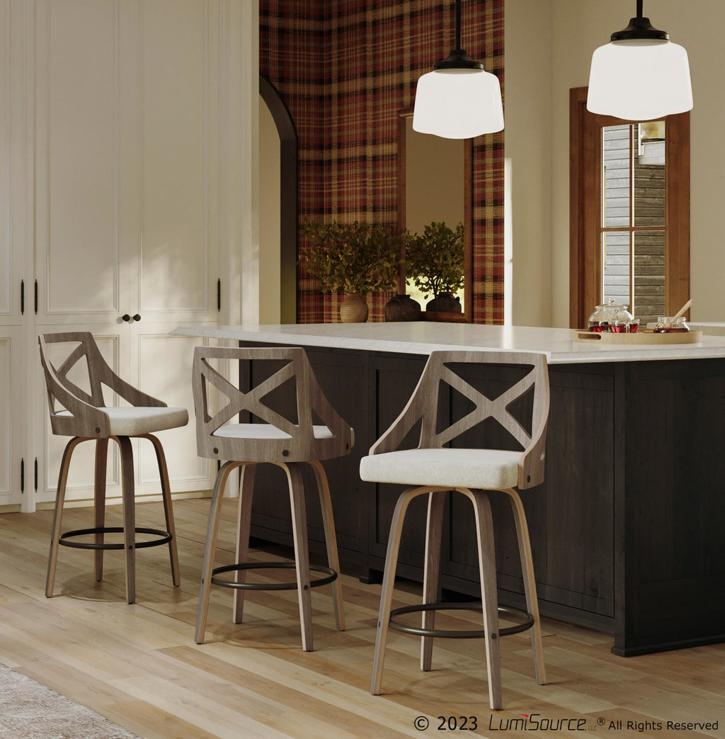 Charlotte 26" Fixed-Height Counter Stool - Set of 2 - Light Grey Wood, Cream Noise Fabric
